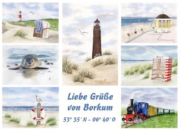 Poster DIN-A4  Watercolor Maritime Art Print North Sea Island Borkum Beach Chair Lighthouse Ocean Dunes